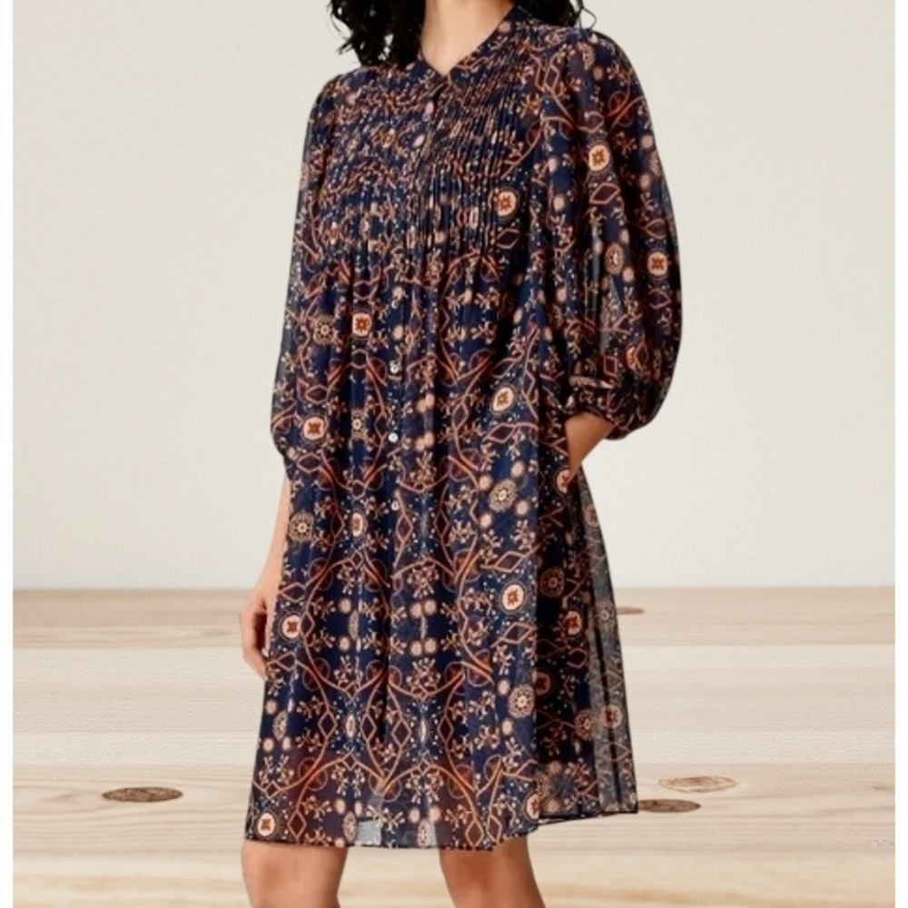 Wayward Fancies eShakti Button Up Midi Dress Sz 6‎ Long Puffed Sleeve Pintuck